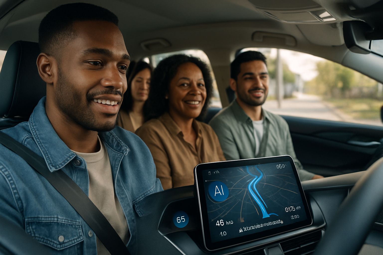 Inside an autonomous vehicle featuring passengers and Autonomous Vehicle AI dashboard interface.