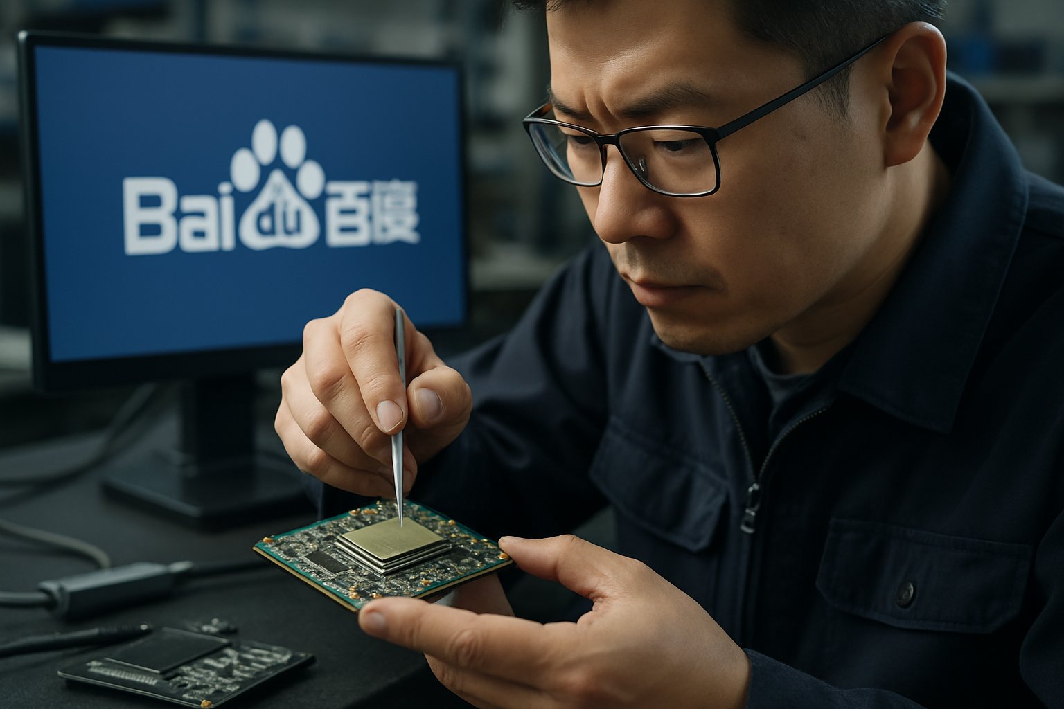 Baidu chip unit engineer working with semiconductor chip in a lab.