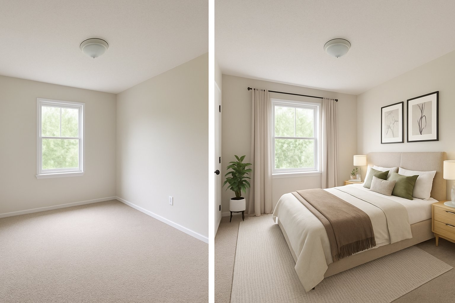 Bedroom before and after using Generative Interior Design Engines for virtual staging.