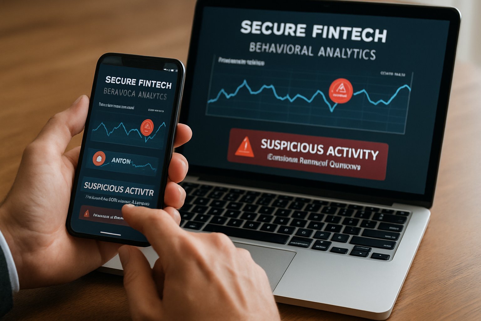 Smartphone and laptop display Behavioral Analytics Models detecting fintech fraud.