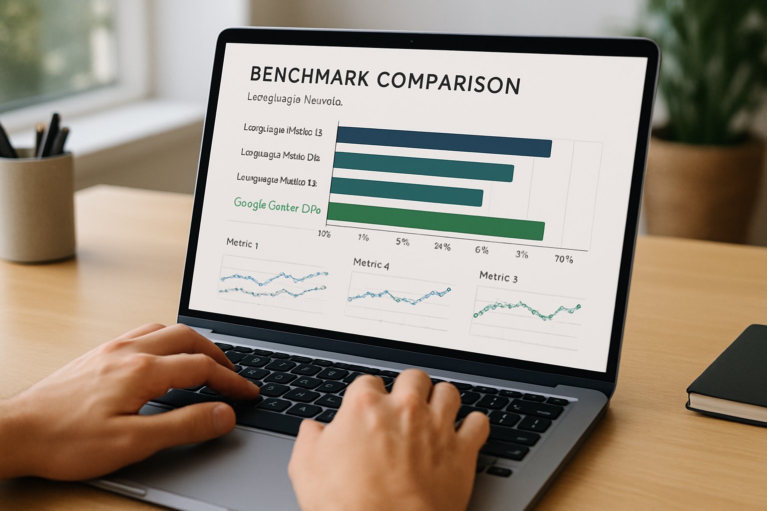 Laptop shows advanced LLM performance benchmark comparisons for analysis