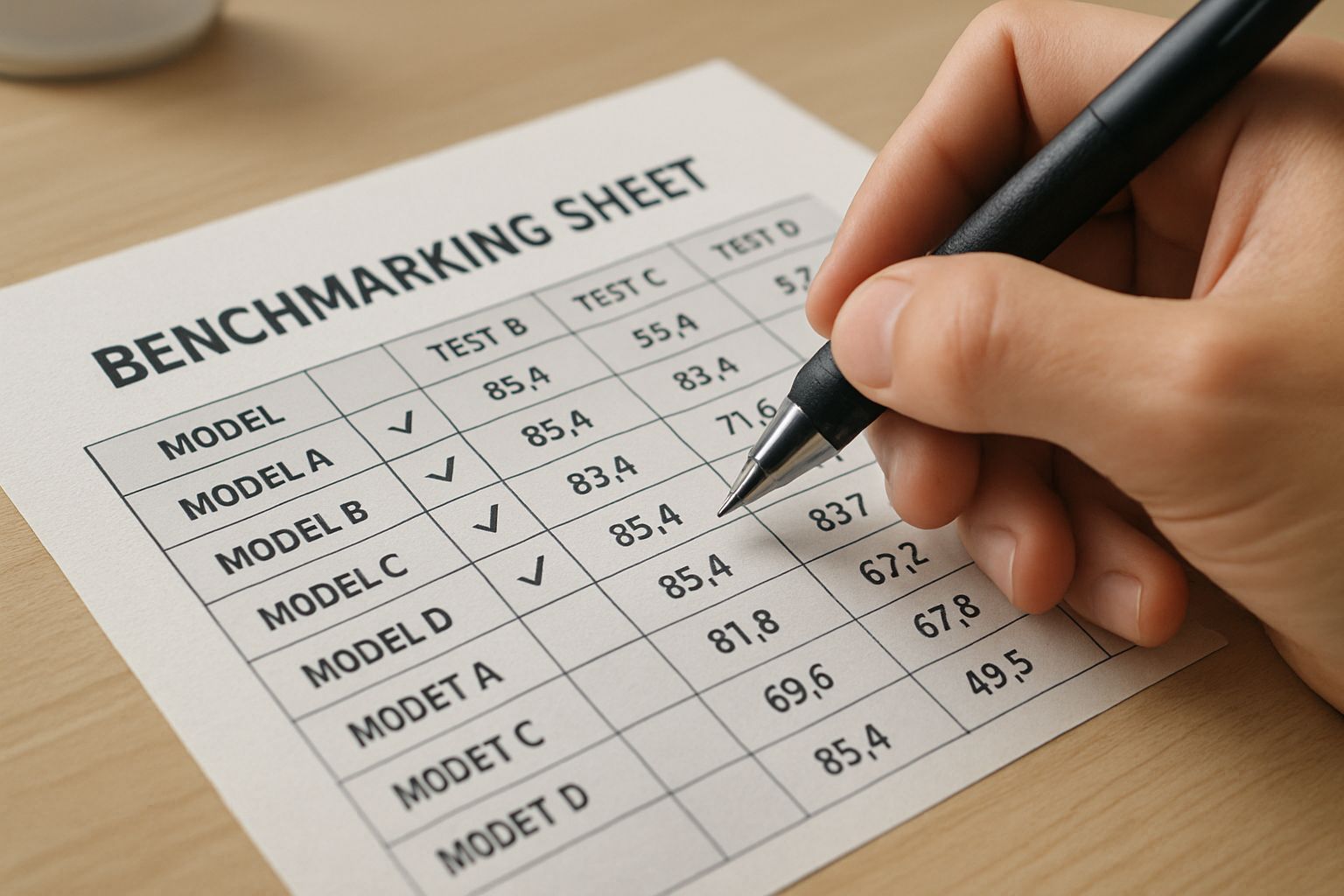 Scoring AI vendors using cross-model evaluation frameworks on benchmarking sheets.