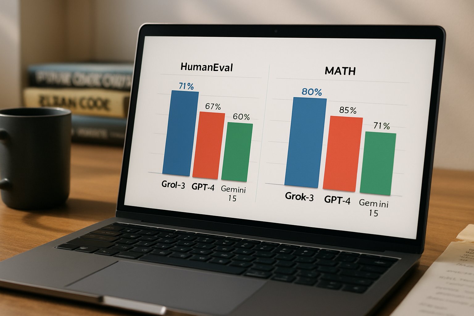 Laptop showing Grok 3 outperforming benchmarks in a realistic tech environment.
