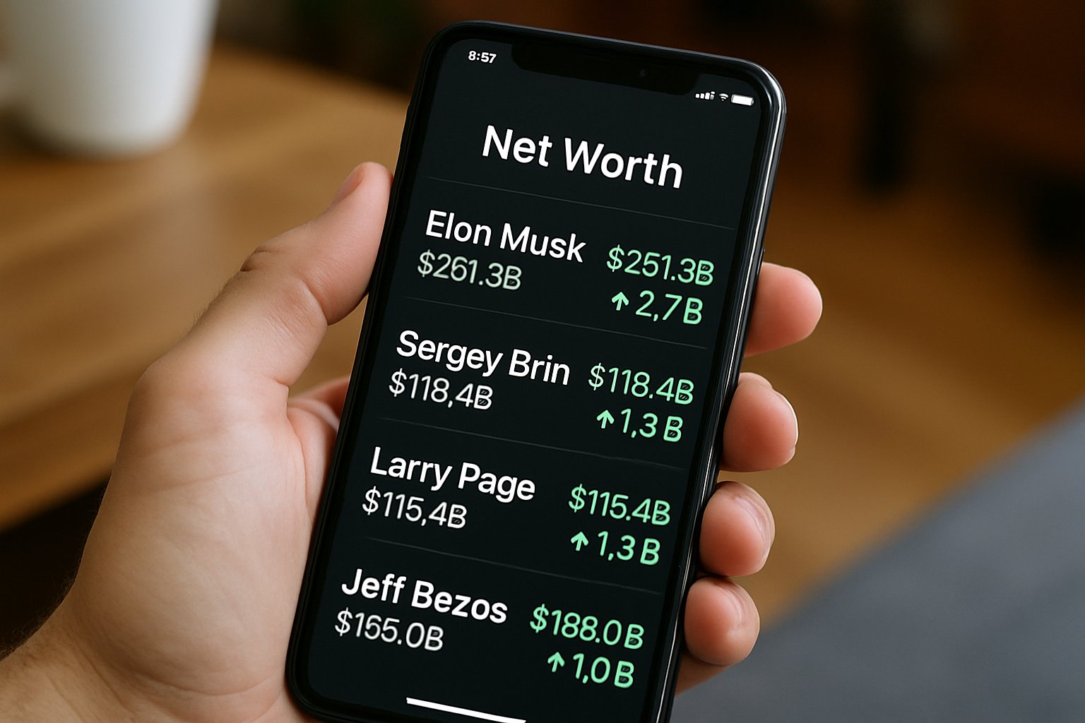Smartphone shows AI Billionaire Gains with Musk, Brin, Page, and Bezos listed.
