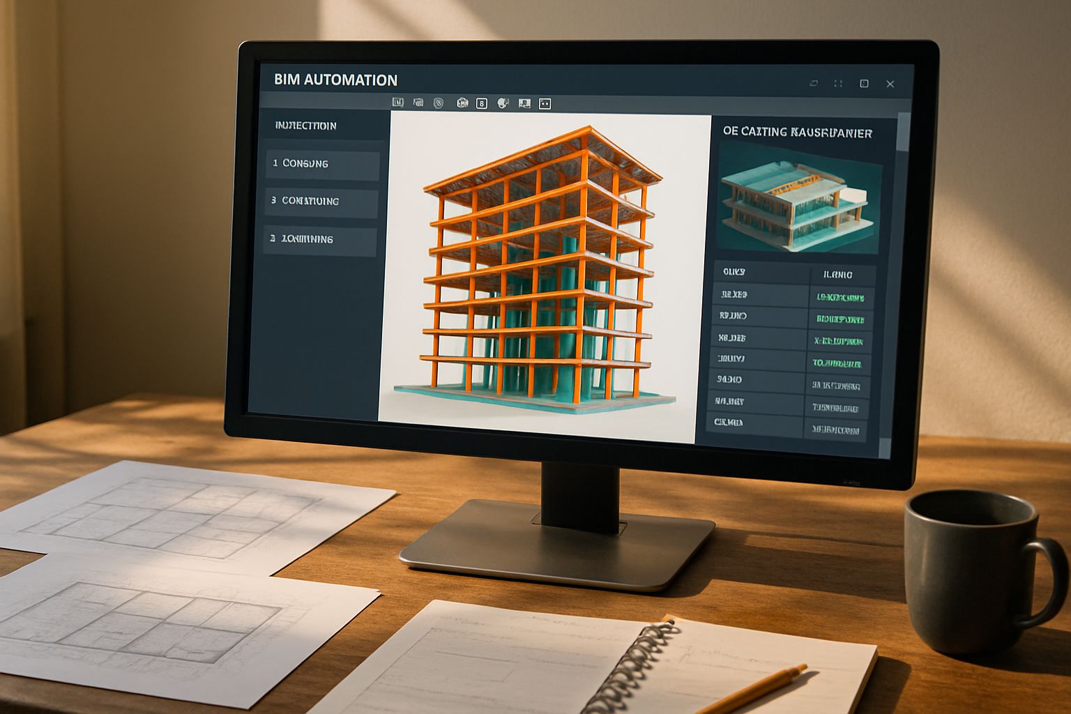 AI Real Estate showing BIM automation software on a monitor in a real office setting.