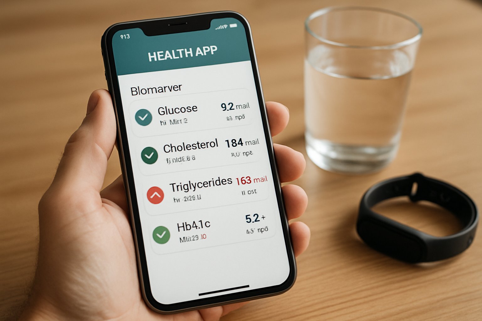 Health App displaying biomarker analytics on a smartphone in a realistic setting.