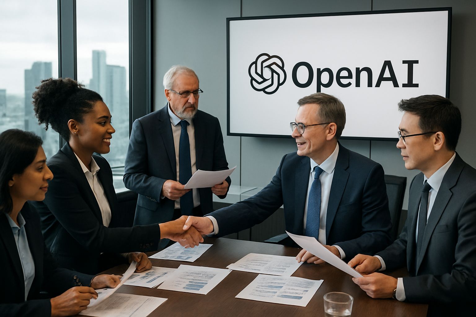 OpenAI executives in a boardroom meeting for strategic funding discussion