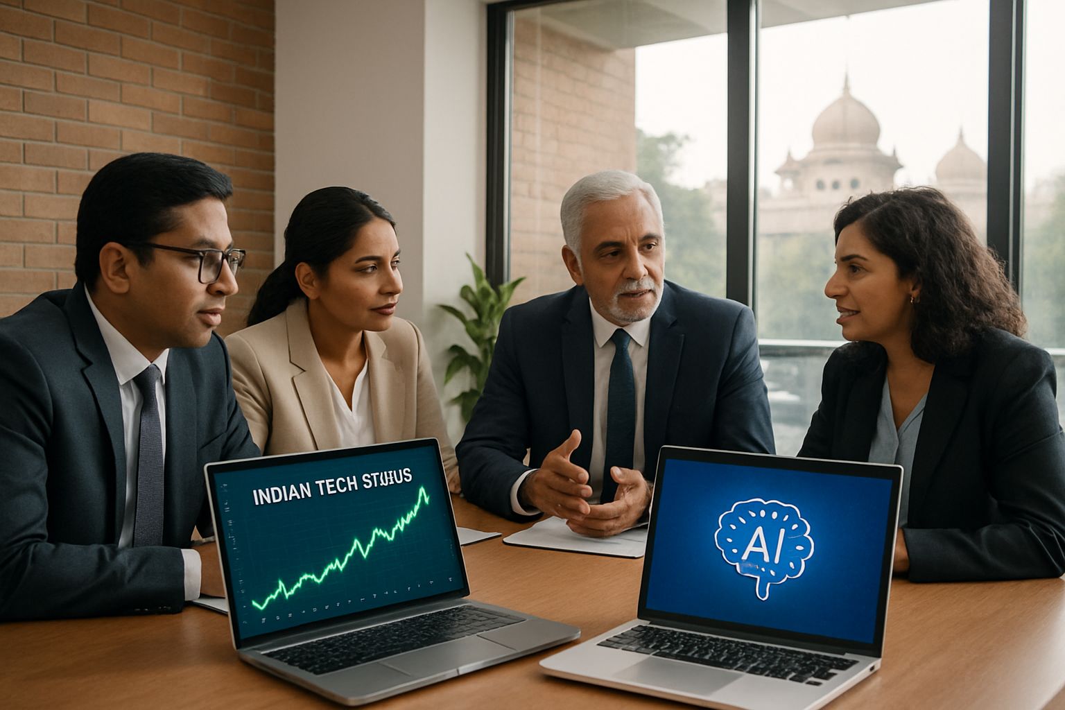 Business professionals discuss Indian Tech Stocks and AI trends.