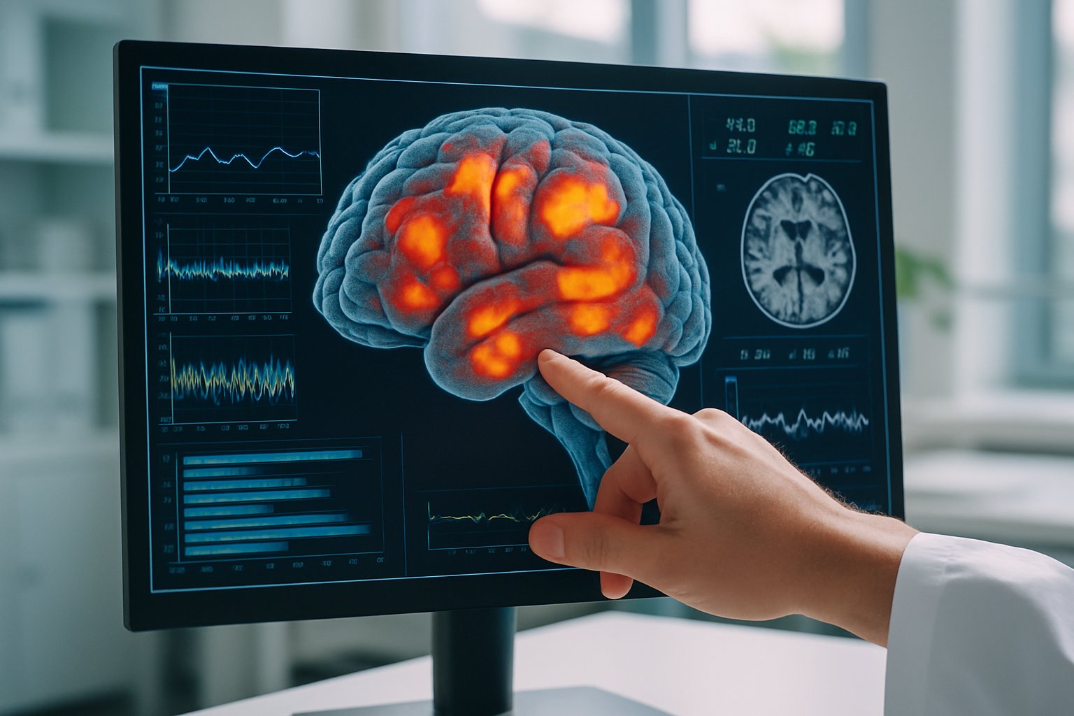 Computational Neuroscience brain scan with highlighted regions in lab setting.