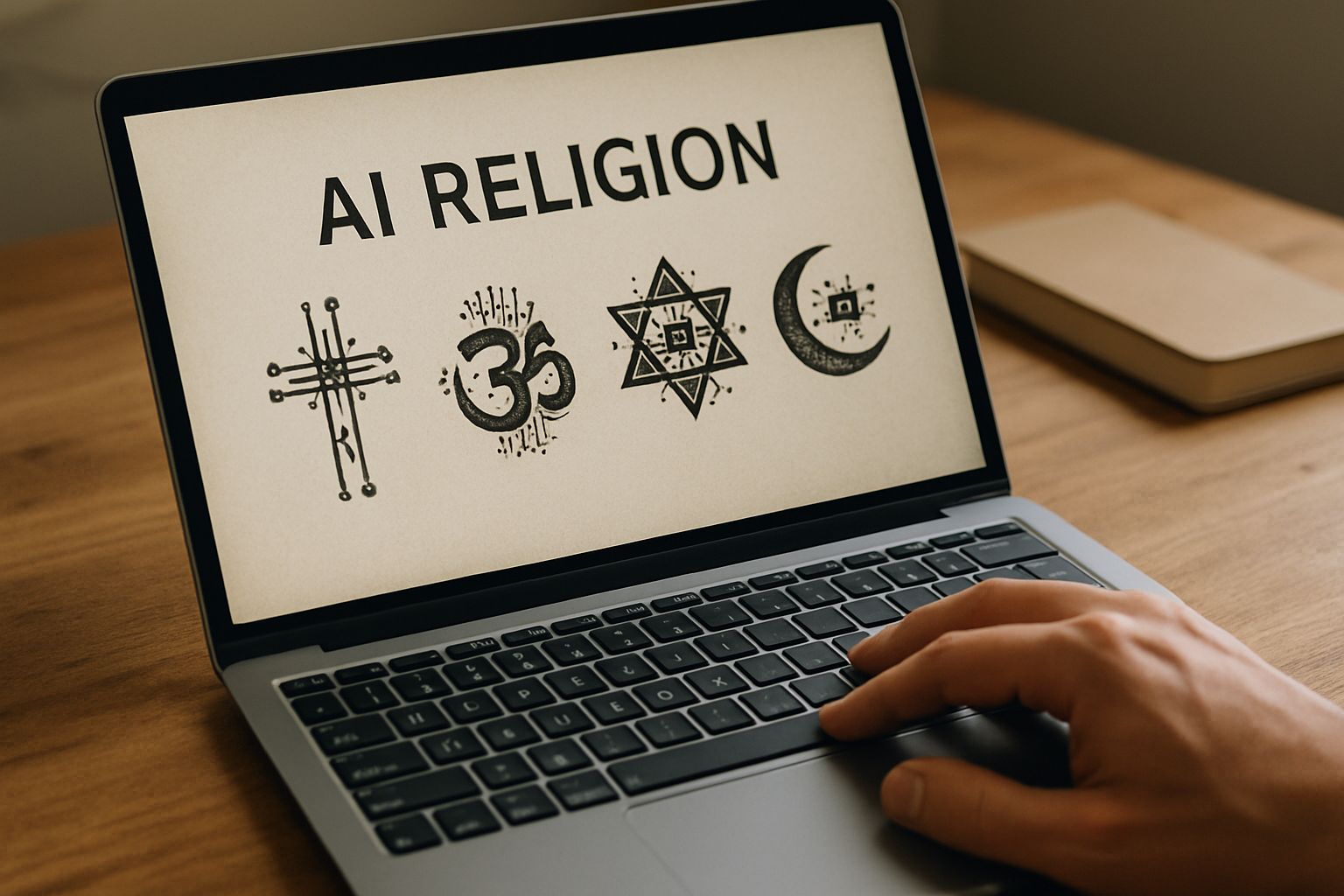 Laptop displaying AI Religion homepage blends tech and tradition realistically.