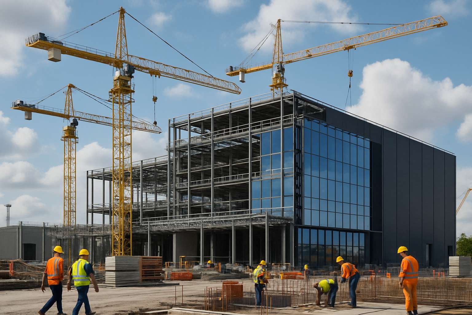 Construction workers build advanced facilities for AI Data Infrastructure.