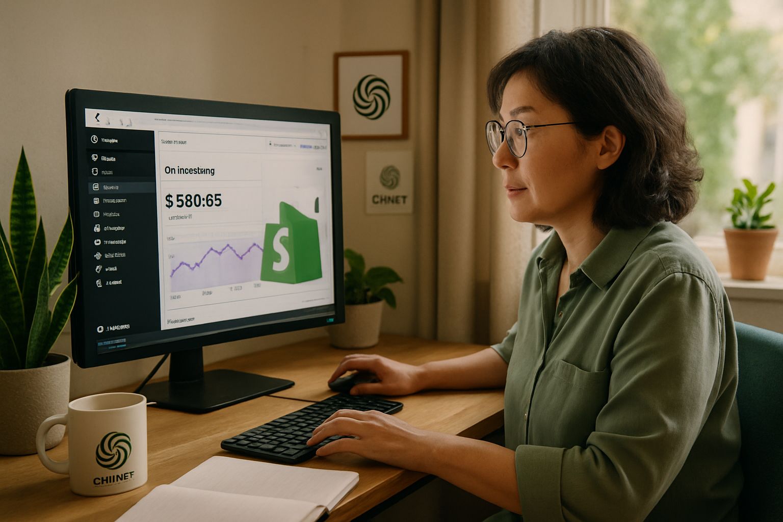 Small business owner using ChatGPT Shopify Sales for managing service fees.