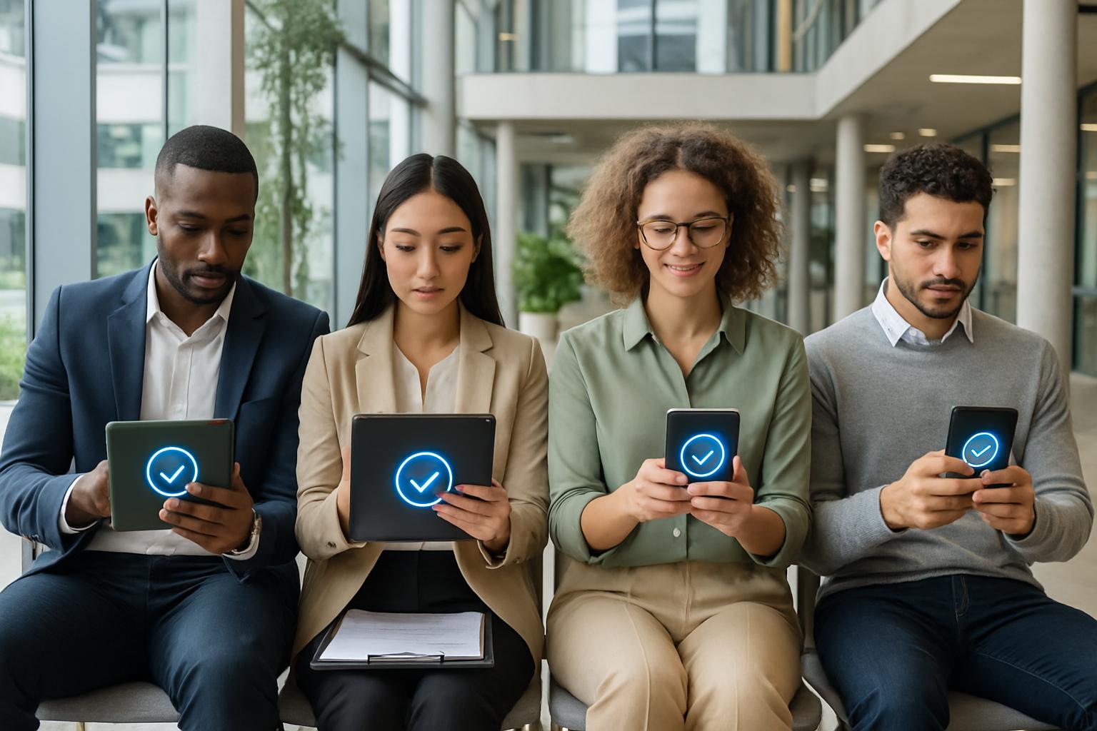 Job candidates benefiting from Credential Verification Automation in a corporate lobby.