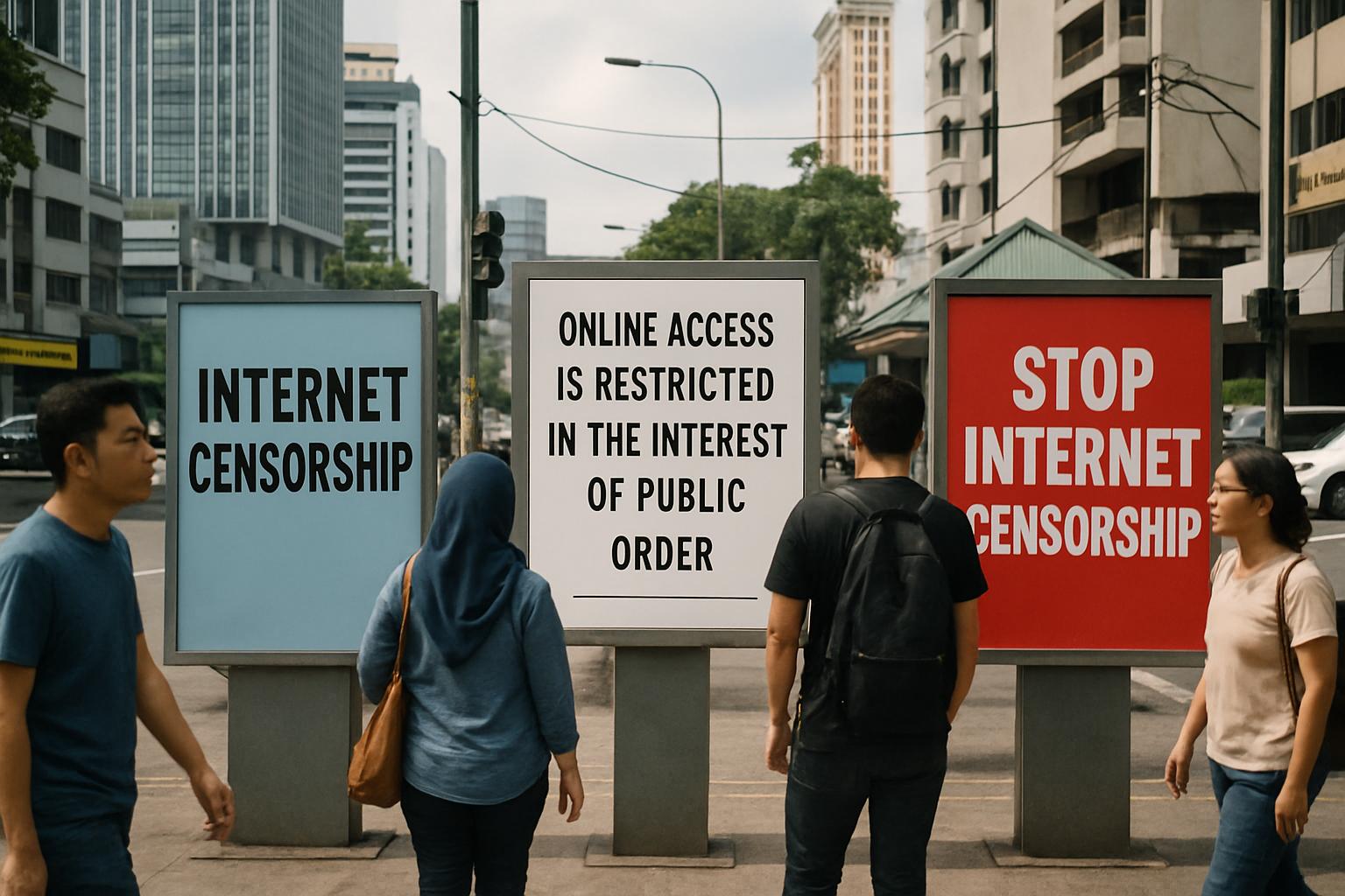 Jakarta street scene with billboards on Censorship and public awareness efforts.