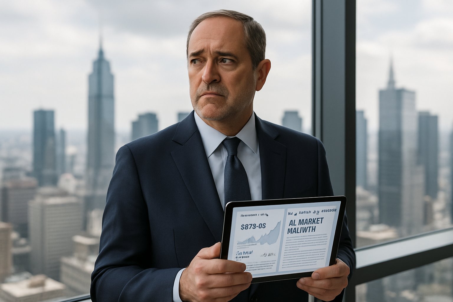 Cisco CEO considering AI Market Risk in modern office downtown.