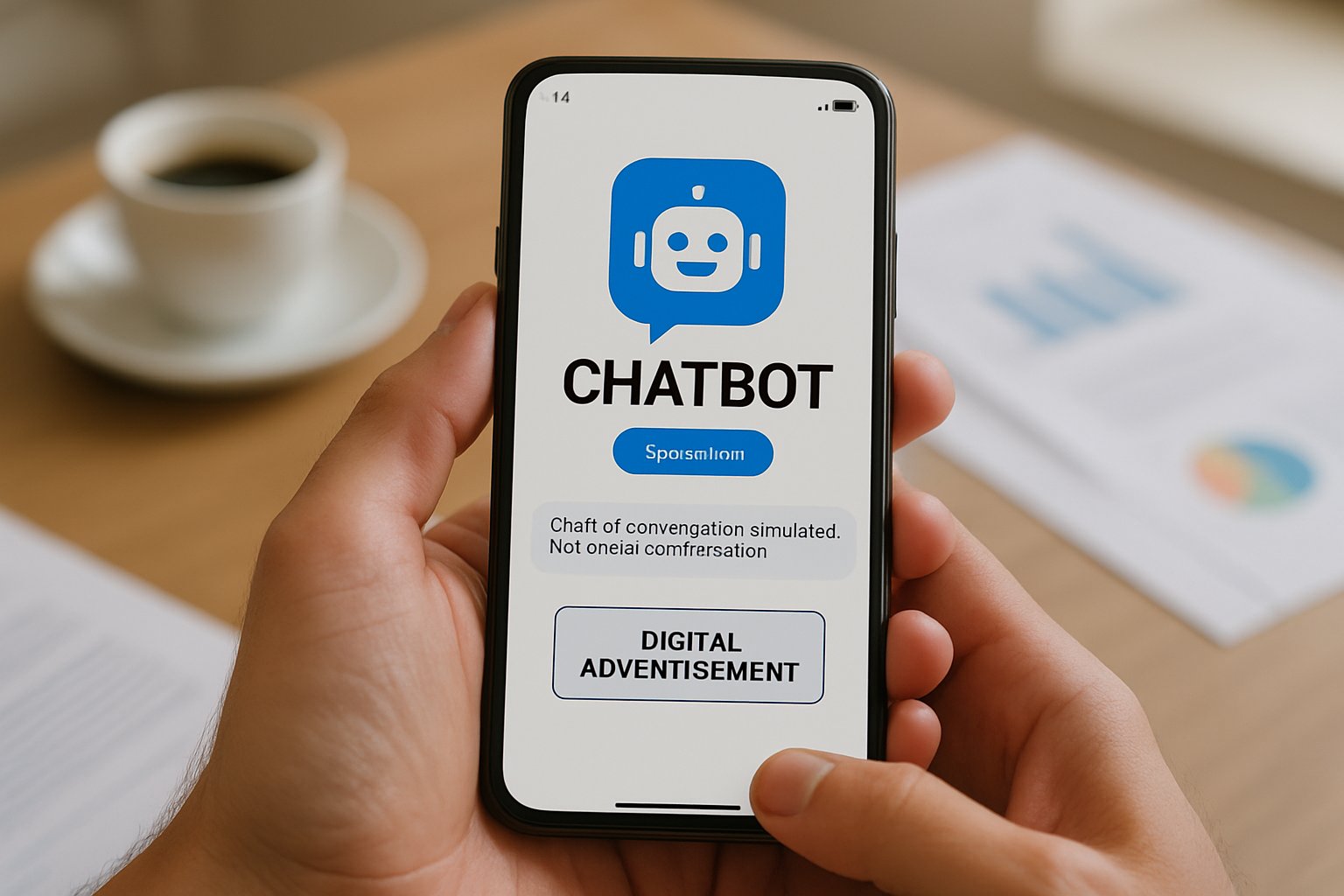 Smartphone chatbot ad with transparency tags, illustrating AI Advertising Ethics.