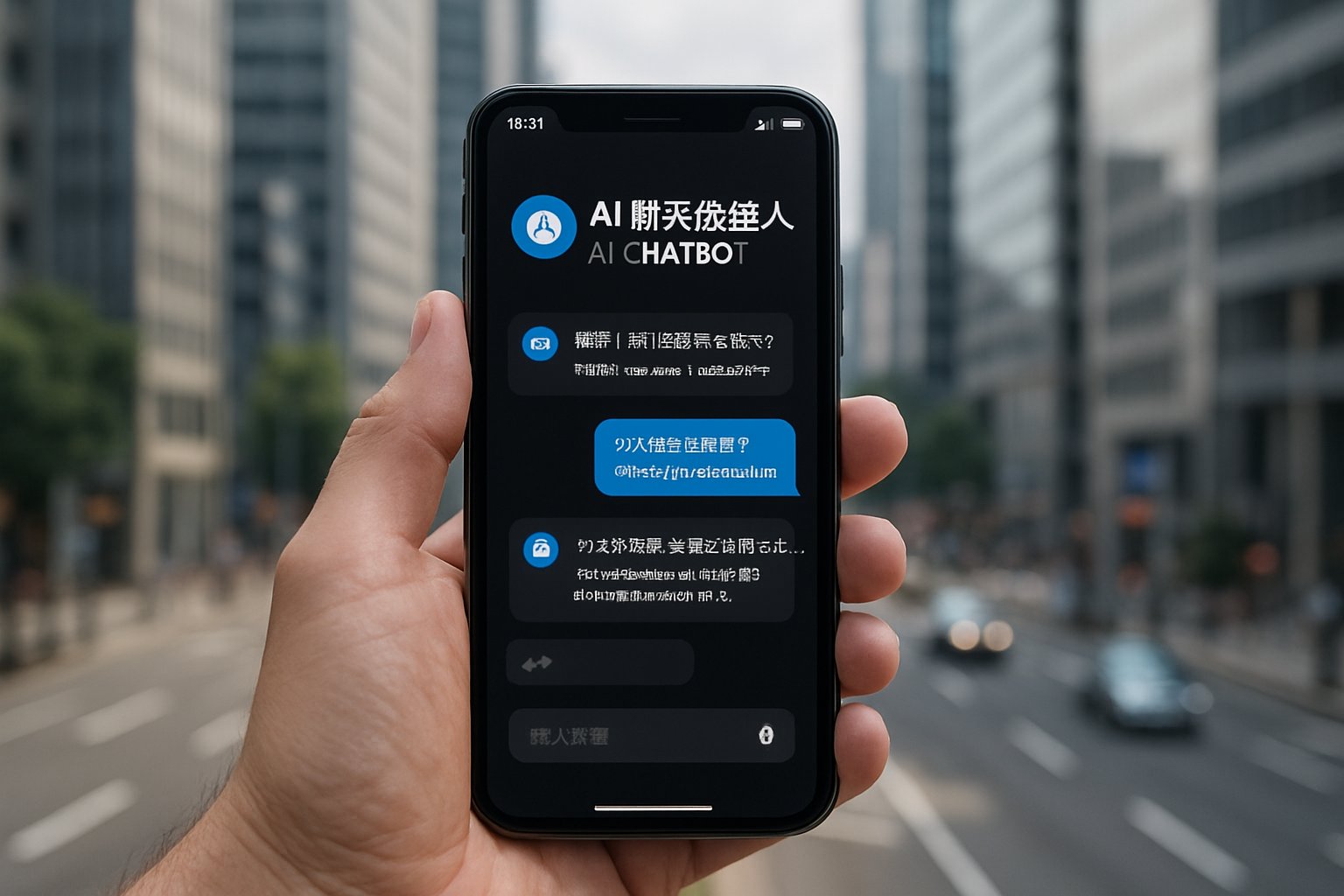 Chinese AI chatbot interface showcased on smartphone in modern city environment.