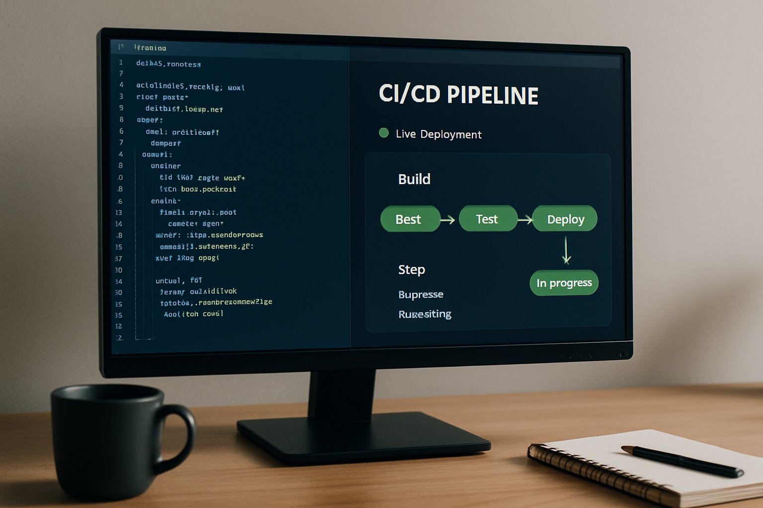 Realistic CI/CD dashboard displaying autonomous code orchestration agents in action.