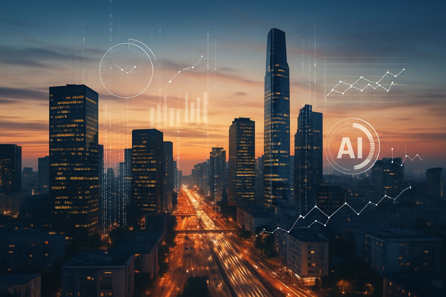 City skyline illustrates the economic impact of AI infrastructure on urban development.