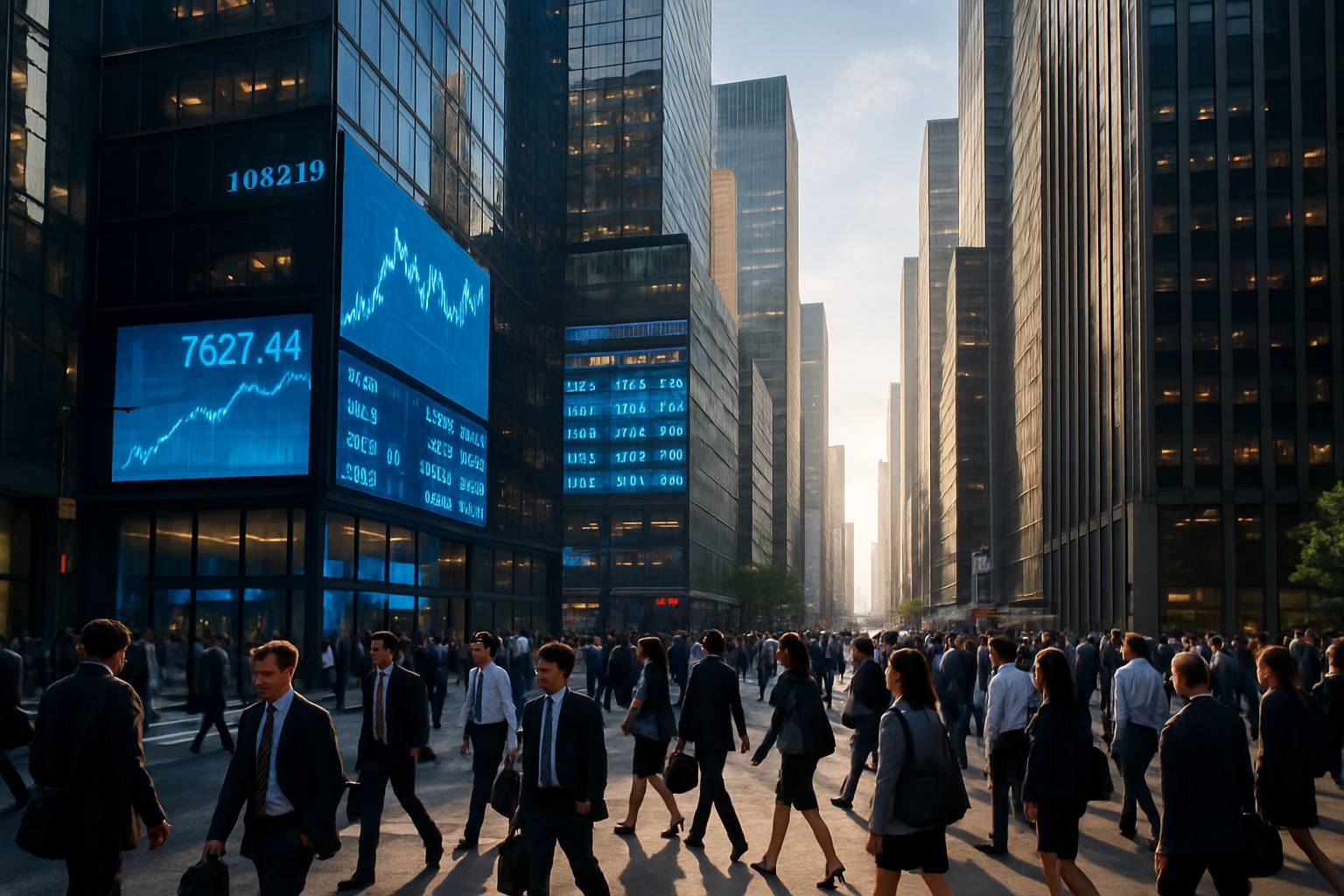 Financial district with digital billboards highlighting current Market Trends.