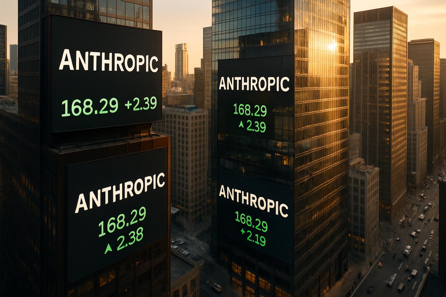 Anthropic Valuation Surge depicted on city skyscrapers with rising stock graphics.