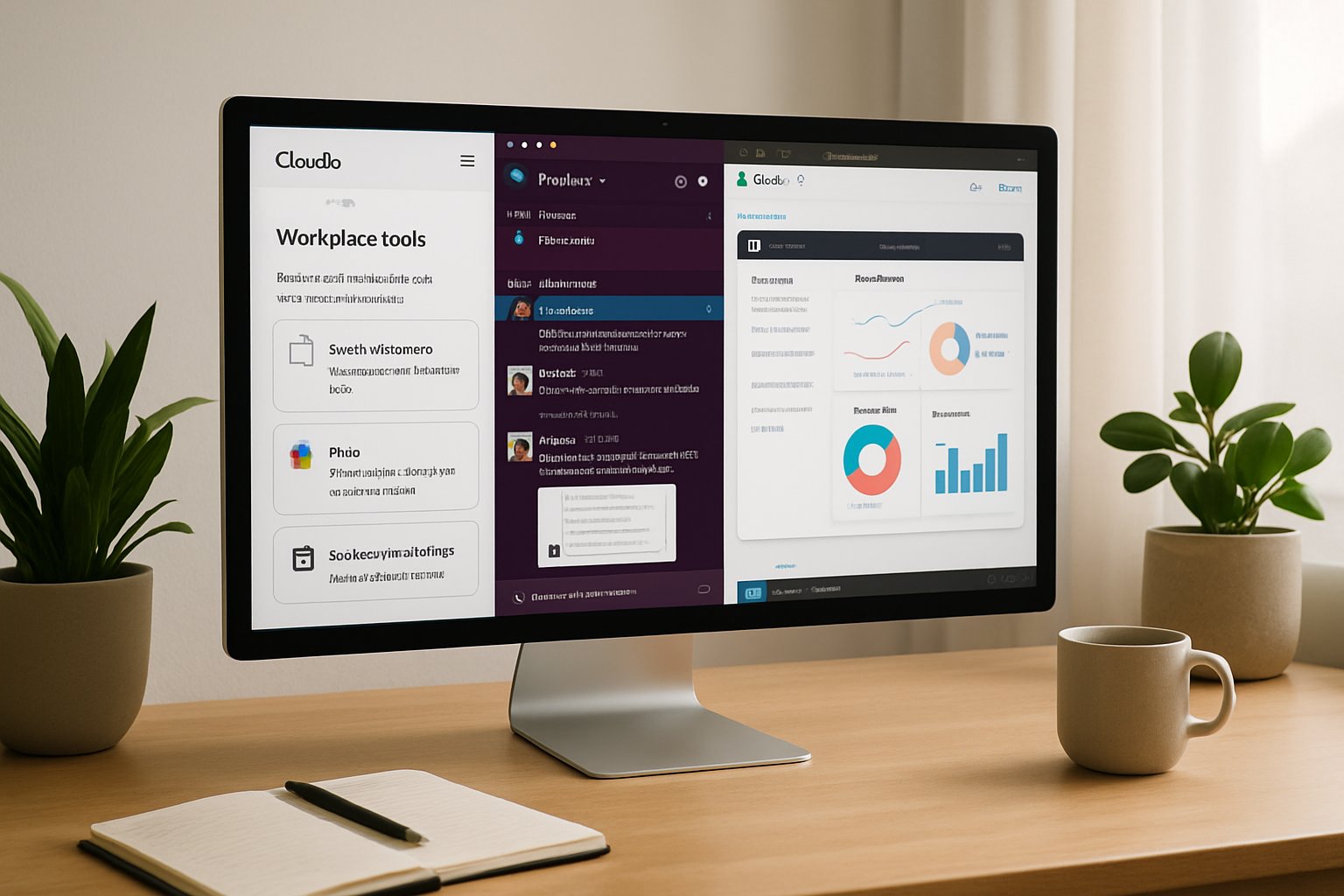 Claude AI workplace tools integrating with Slack and Figma on desktop screen.