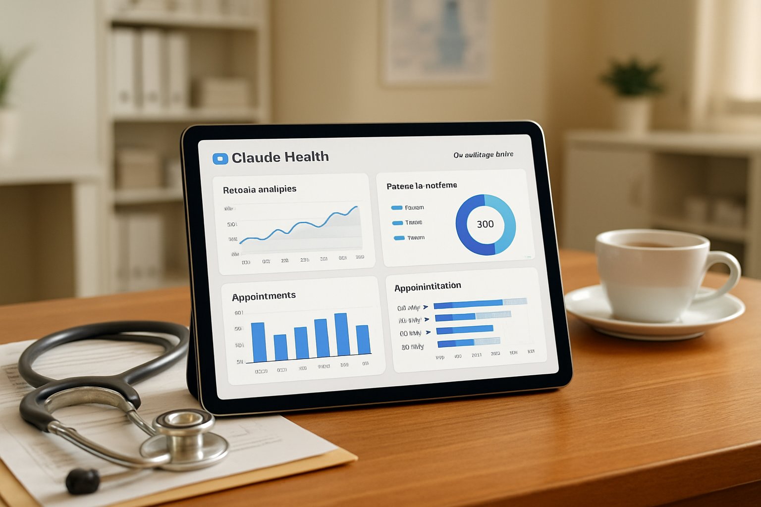 Tablet showing Claude Health features on doctor's desk