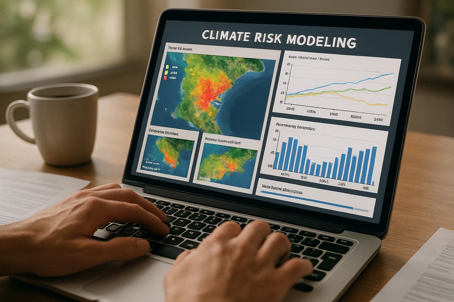 Hands using laptop with climate risk modeling engines for underwriting policies.