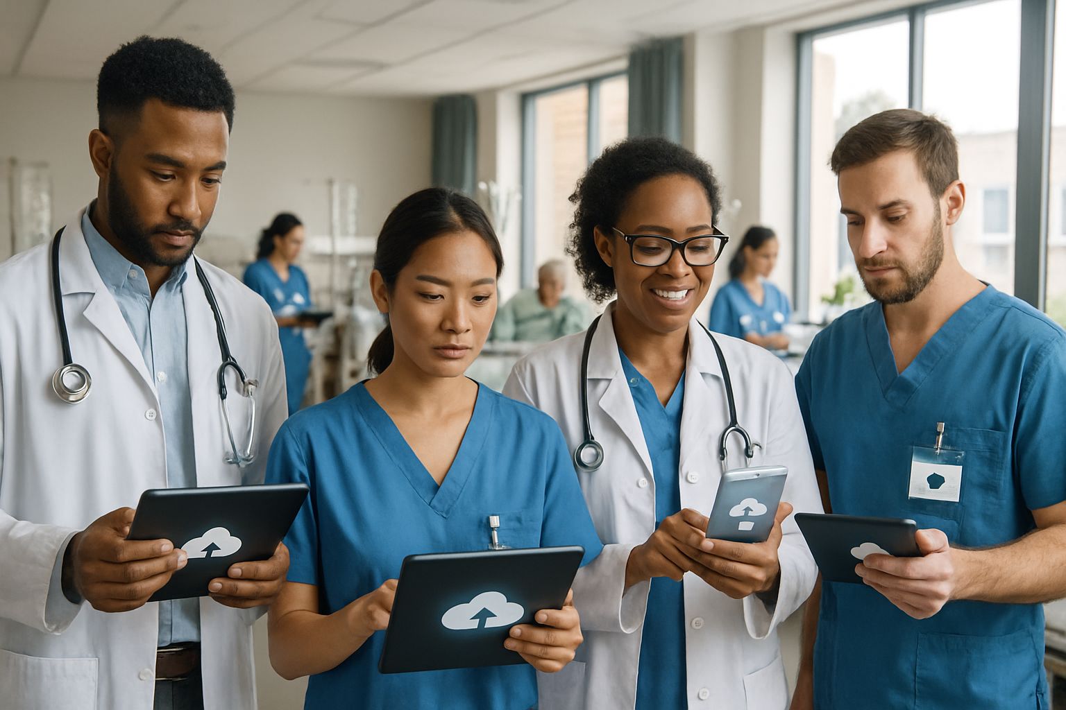 Hospital Cloud technology being used on tablets in a busy hospital ward.