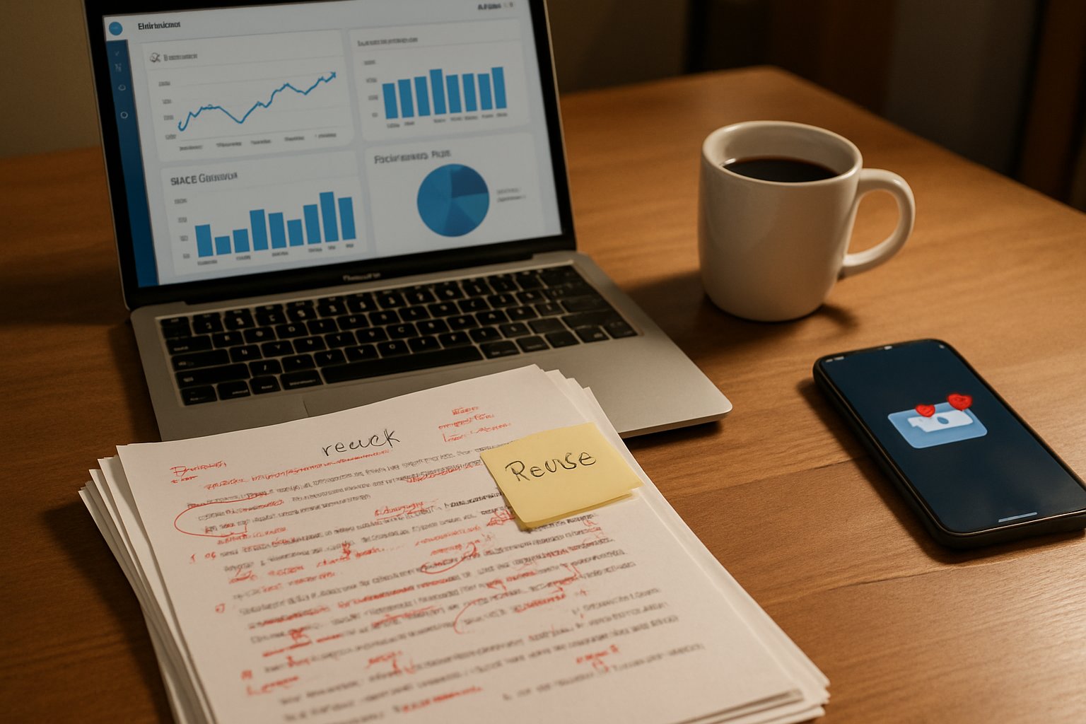 Productivity Paradox shown by desk filled with correction work and data.
