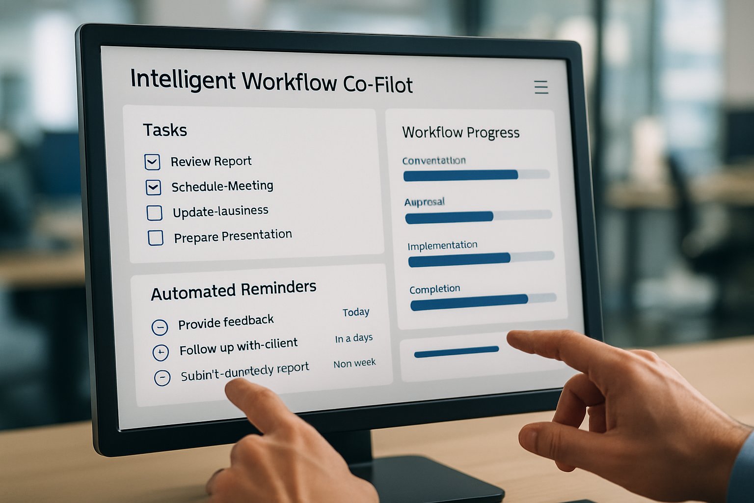Computer displaying intelligent workflow co-pilots dashboard in modern office.