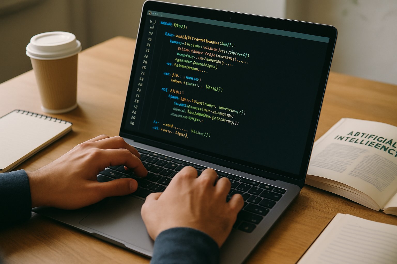 Developer codes agentic AI solution at realistic office desk