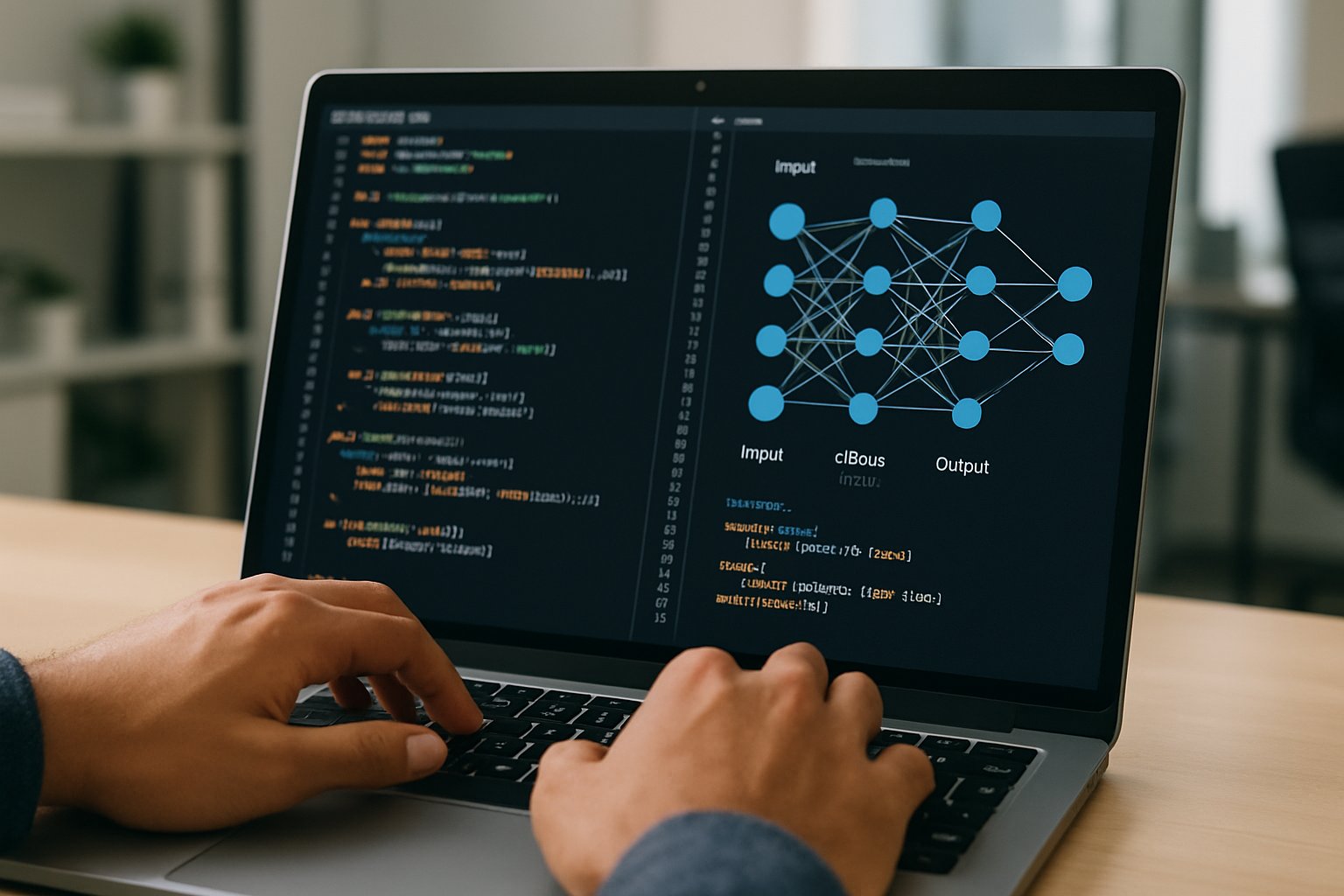 Professional coding for Production AI Development with neural network visuals.
