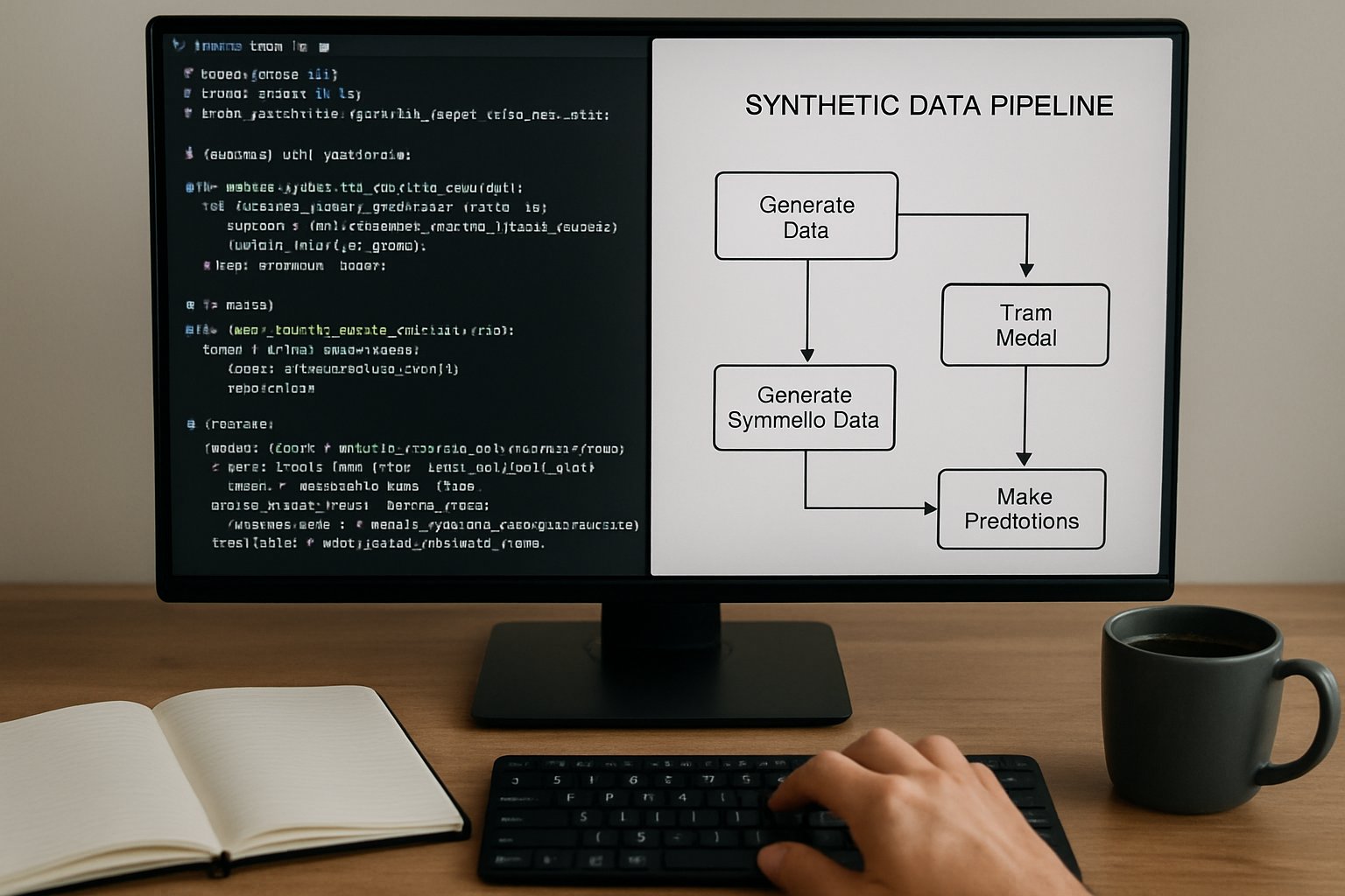 Code and diagrams of synthetic data generation pipelines on a real computer screen.
