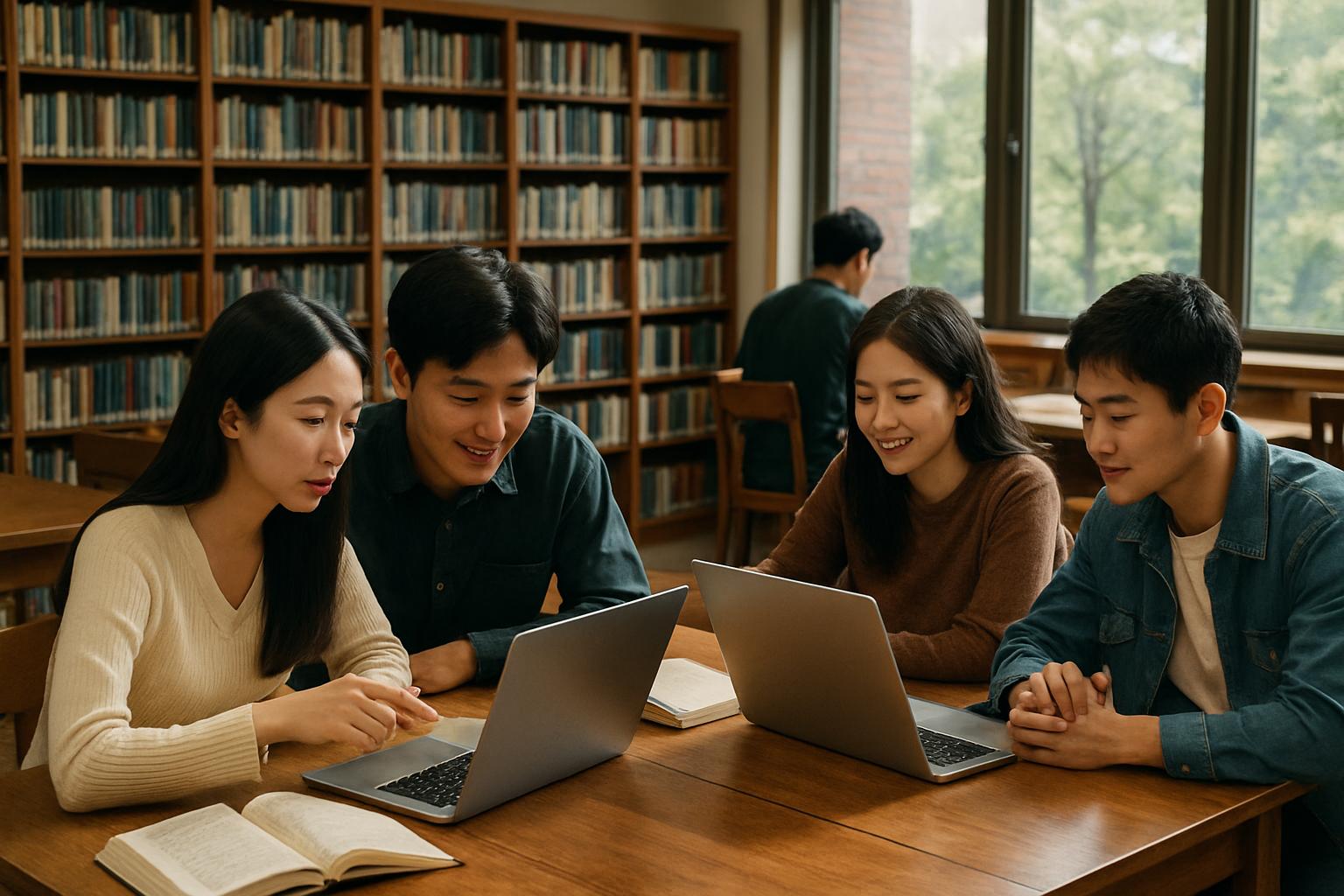 AI Native students in Seoul collaborating with laptops in a library