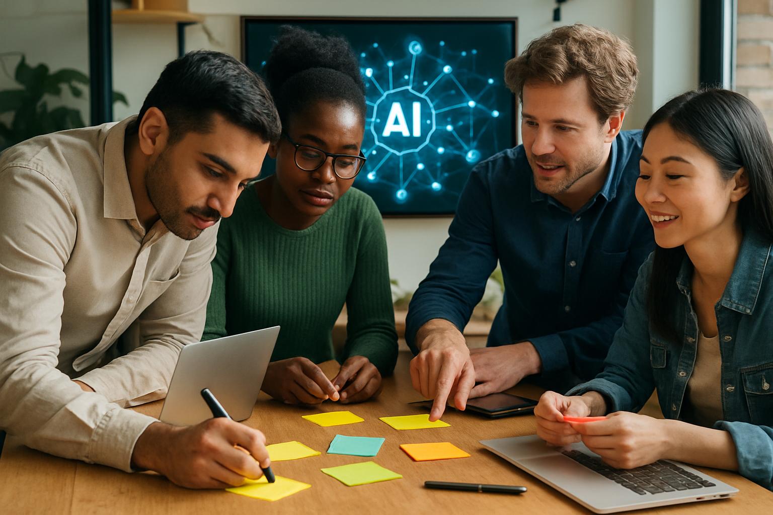 Teamwork session visualizing AI Ecosystem Cooperation among diverse tech experts.