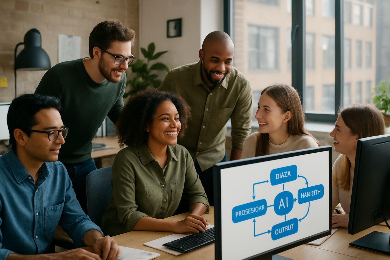 Modern workers collaborating on AI Employment projects in an office.
