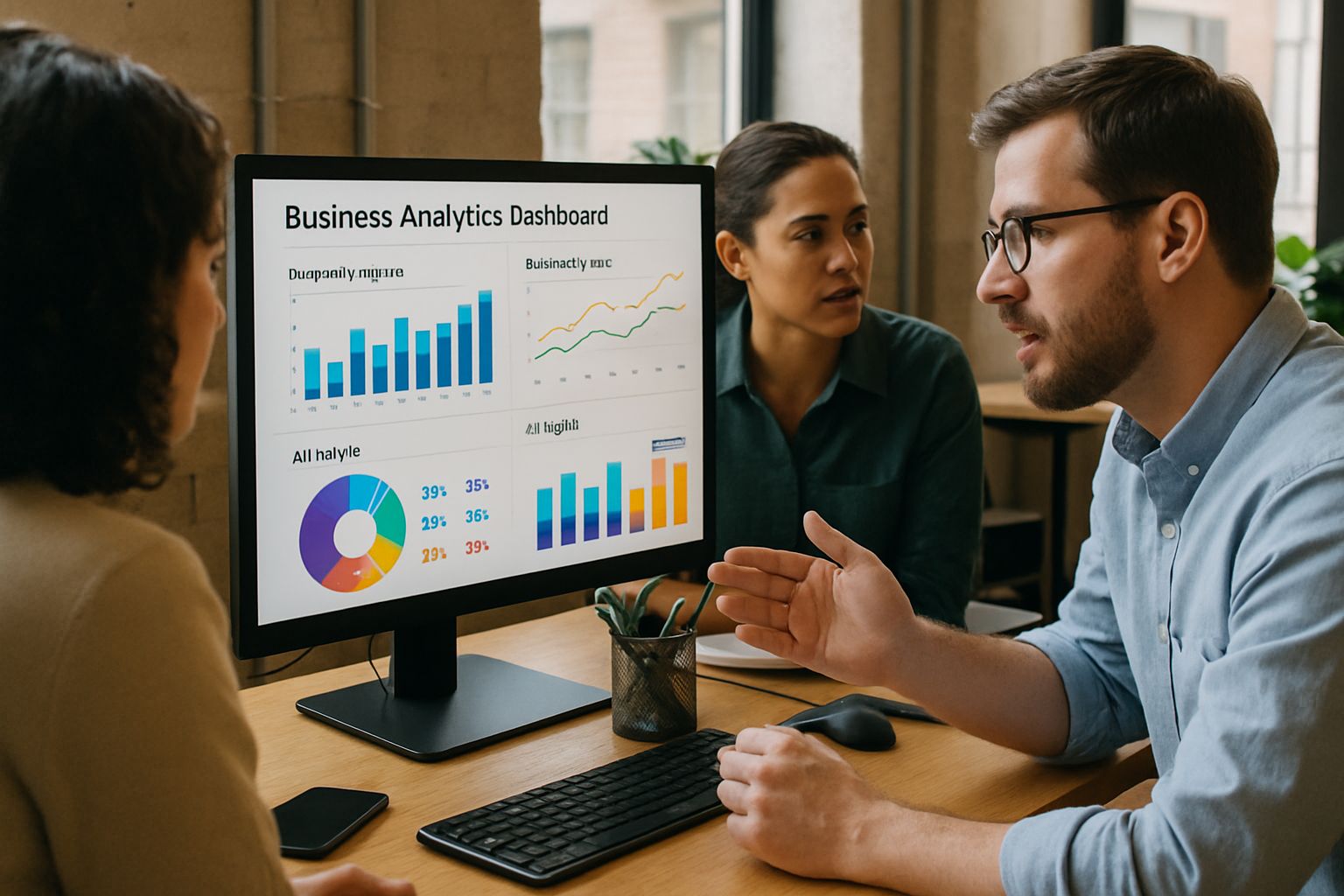 Team analyzing predictive inventory intelligence dashboard with data charts.