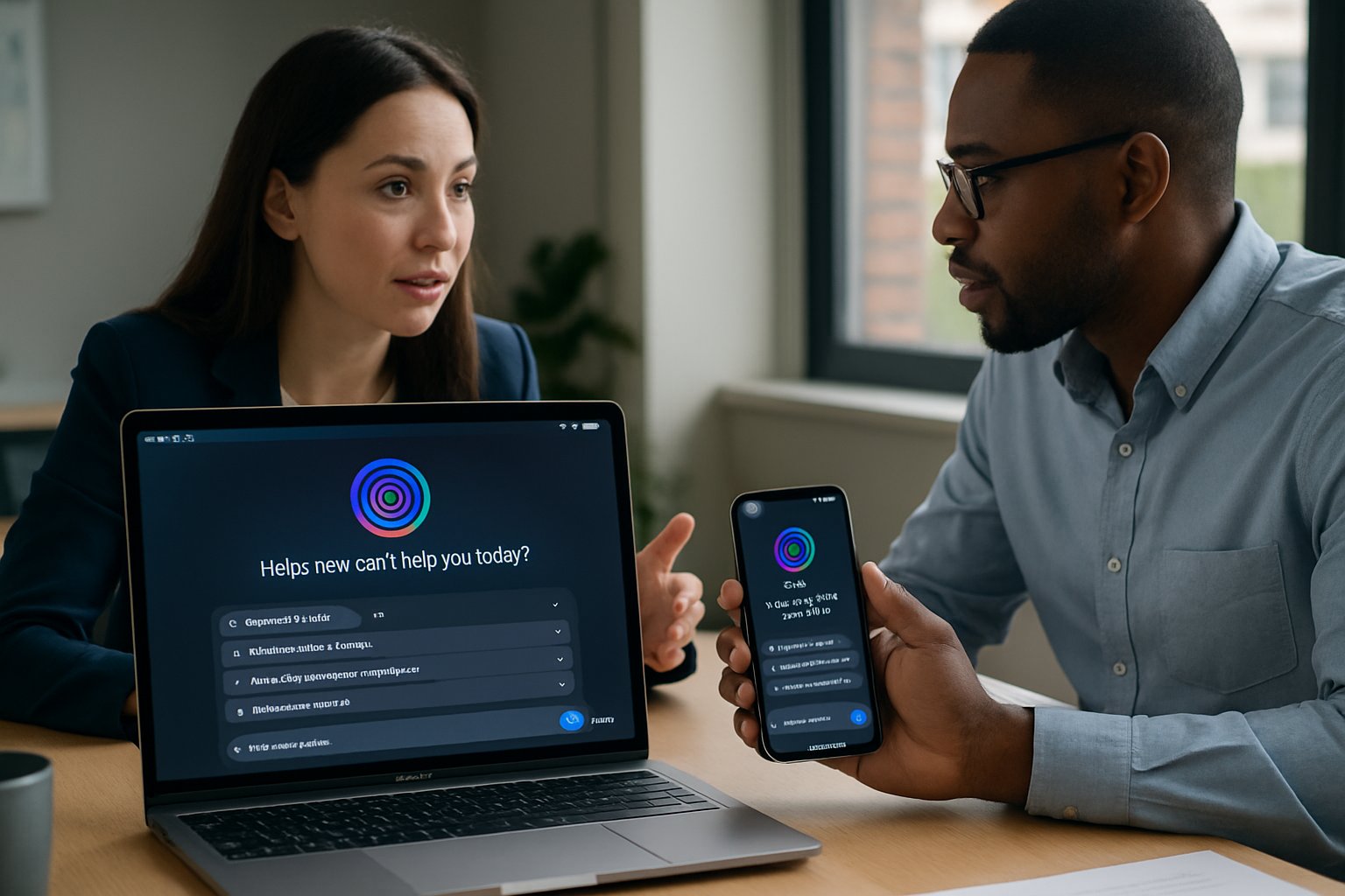 Professionals discuss Siri Gemini AI collaboration in an office environment.