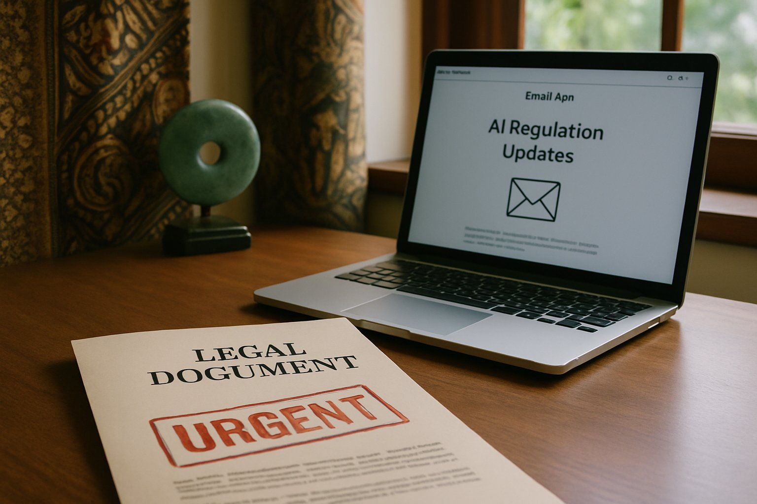 Legal document and email alert about Southeast Asia AI Restrictions in modern office.