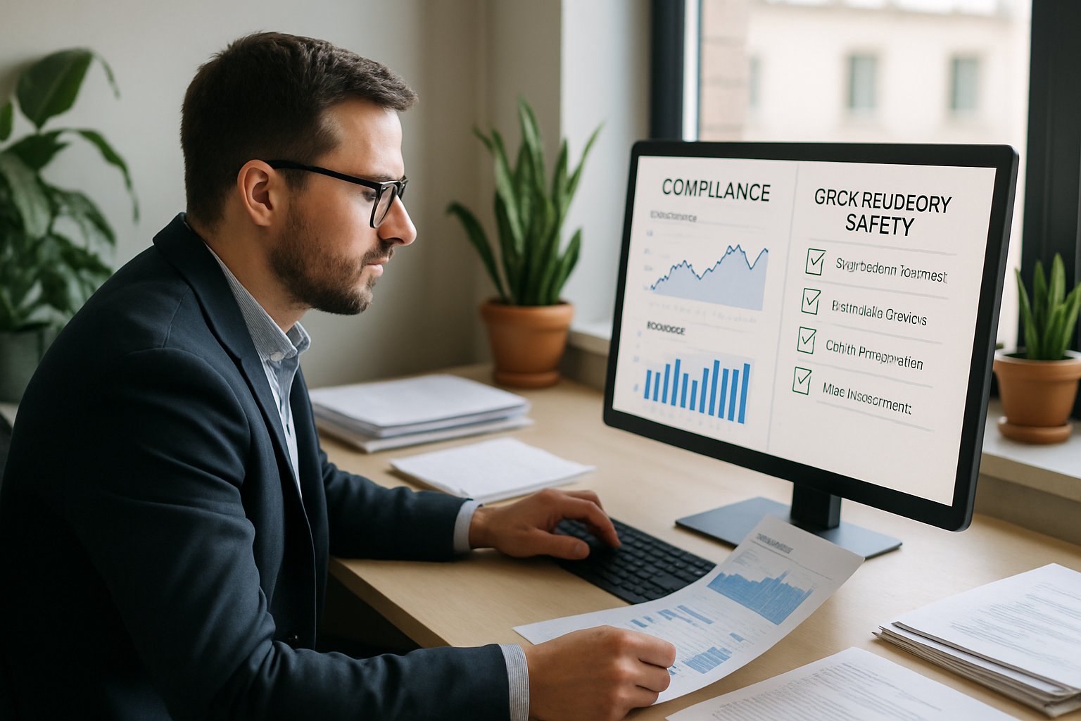 Compliance officer monitors Grok Regulatory Safety reports in Malaysian office.