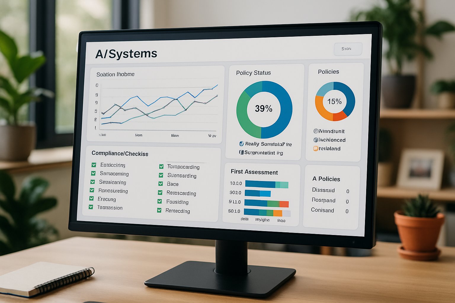 Computer dashboard showing algorithmic policy compliance engines in a modern office.