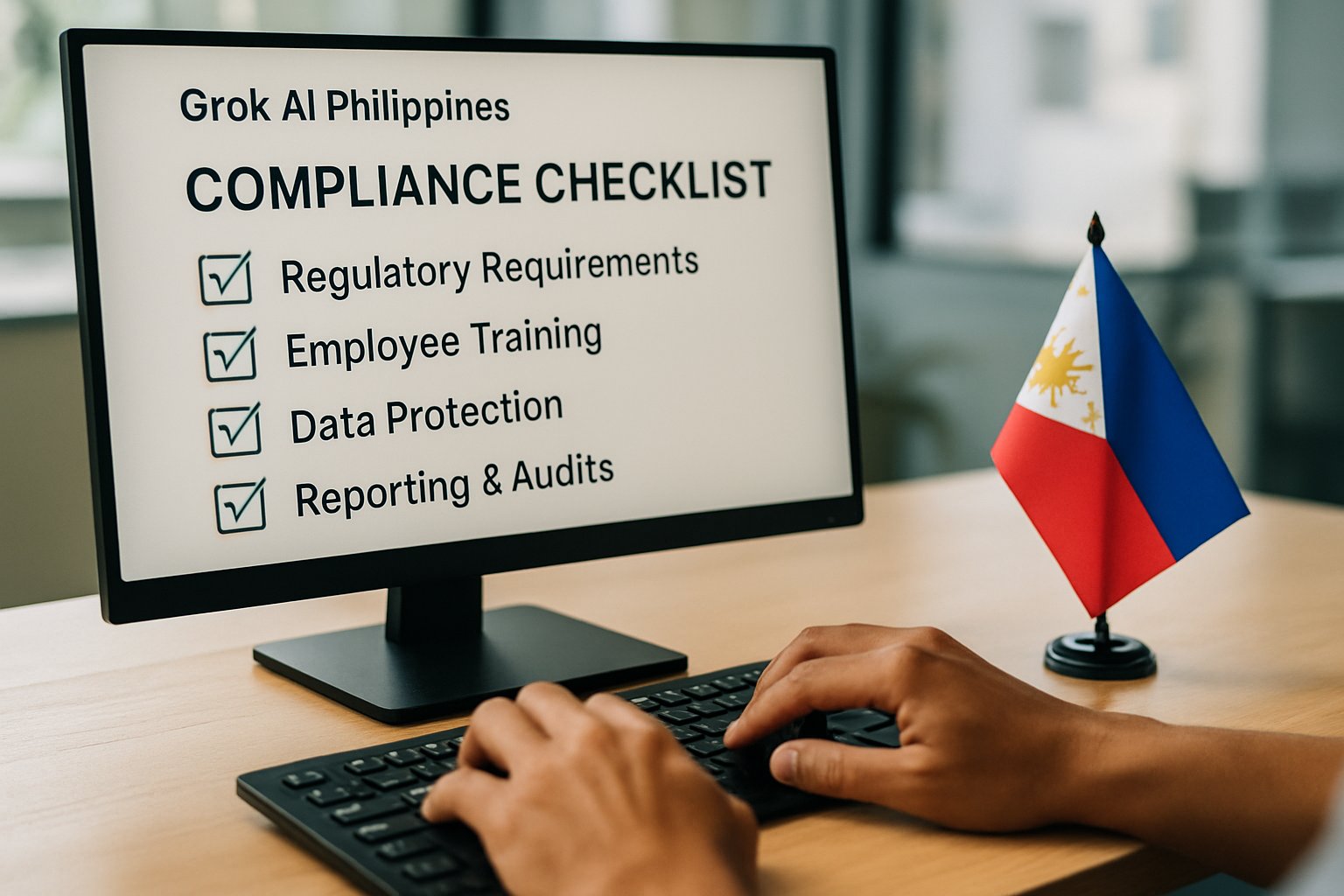 Compliance checklist for Grok AI Philippines displayed on a realistic office computer screen.