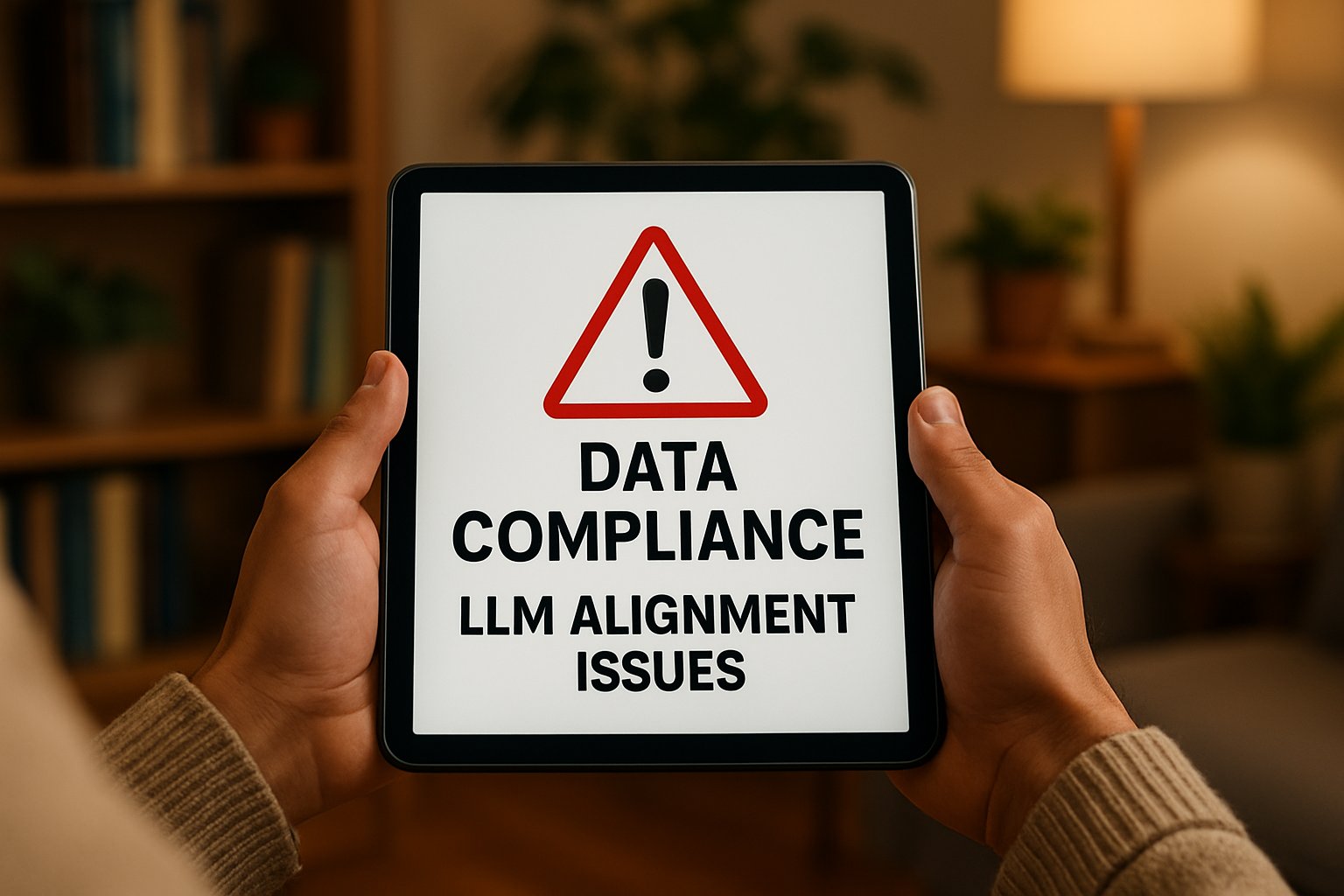 Tablet with data compliance warning related to LLM Alignment Issues in therapy.