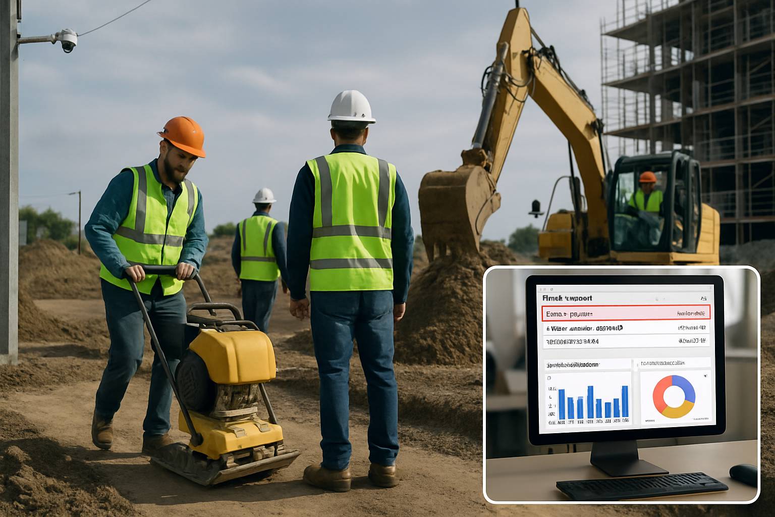 Construction site monitored by computer vision safety monitoring systems identifying safety incidents.