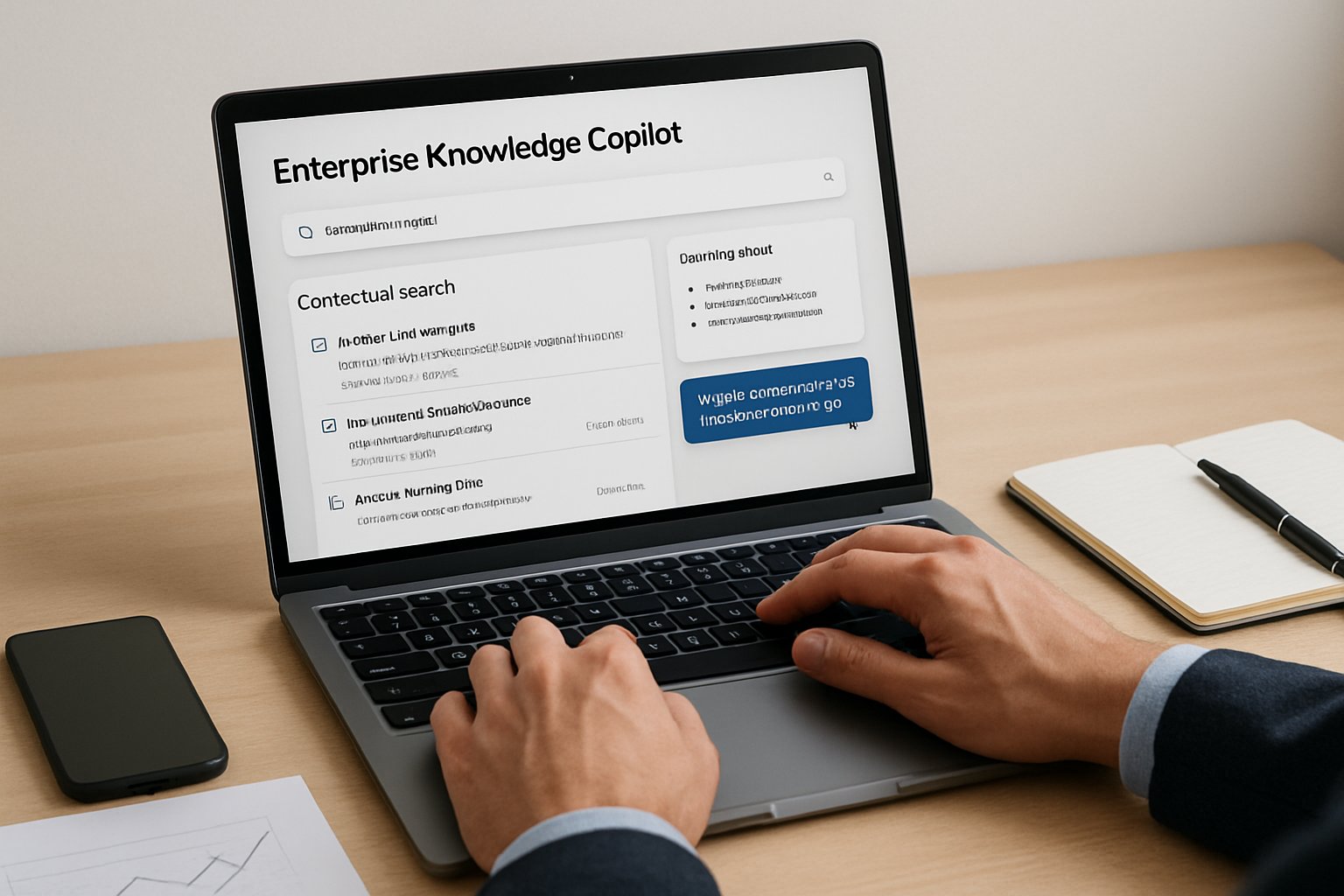 Person using enterprise knowledge copilot frameworks for contextual search at a desk.