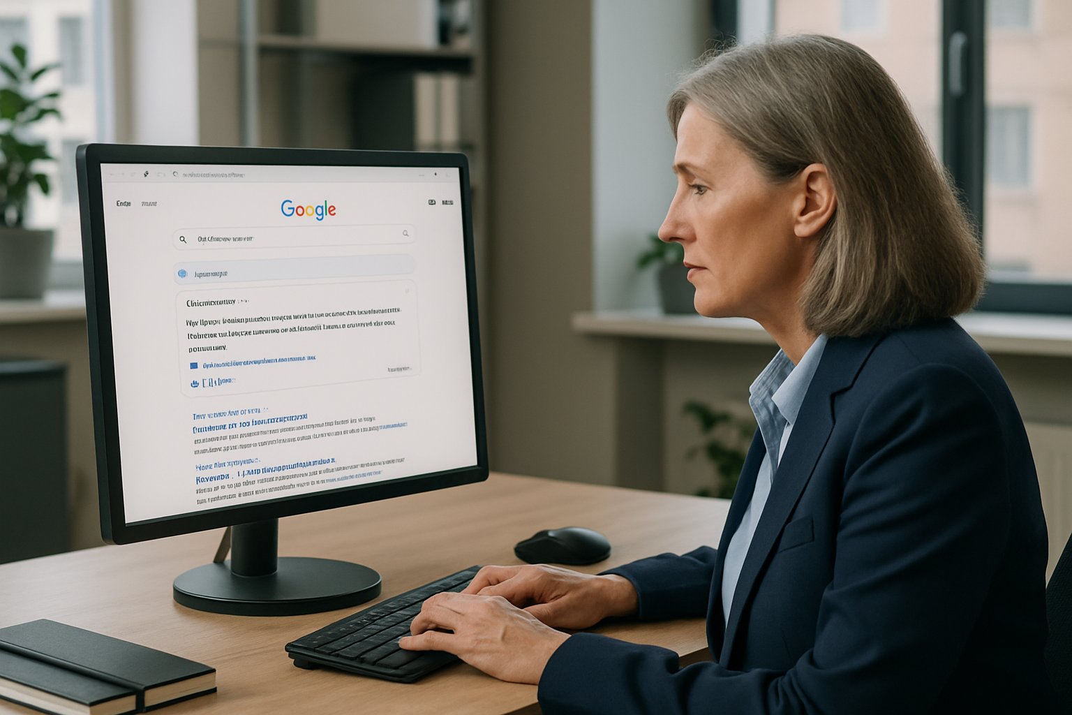 Professional user exploring Conversational Search Mode with AI Overviews in a modern office environment.