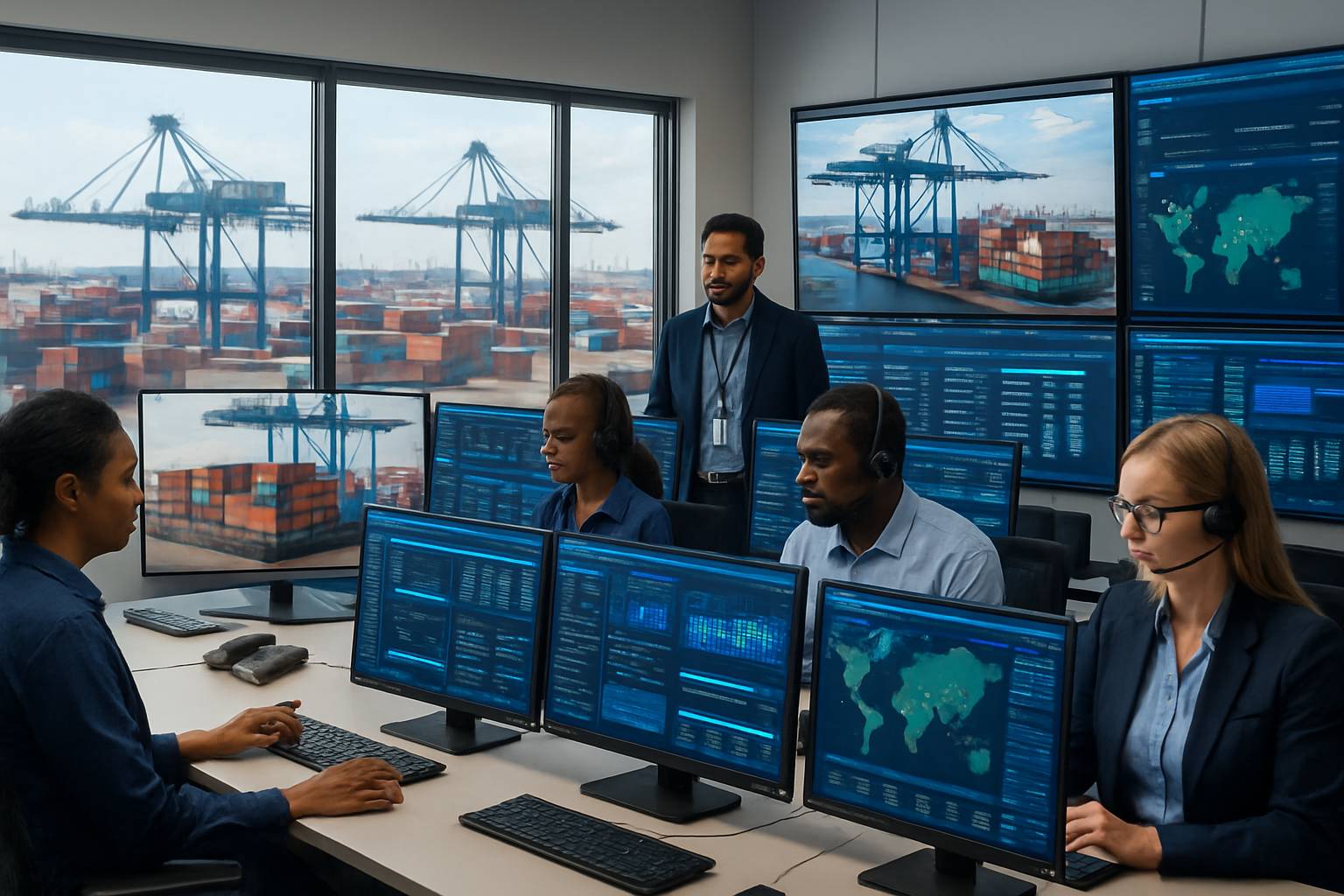 Control room using autonomous port orchestration systems for U.S. logistics monitoring.