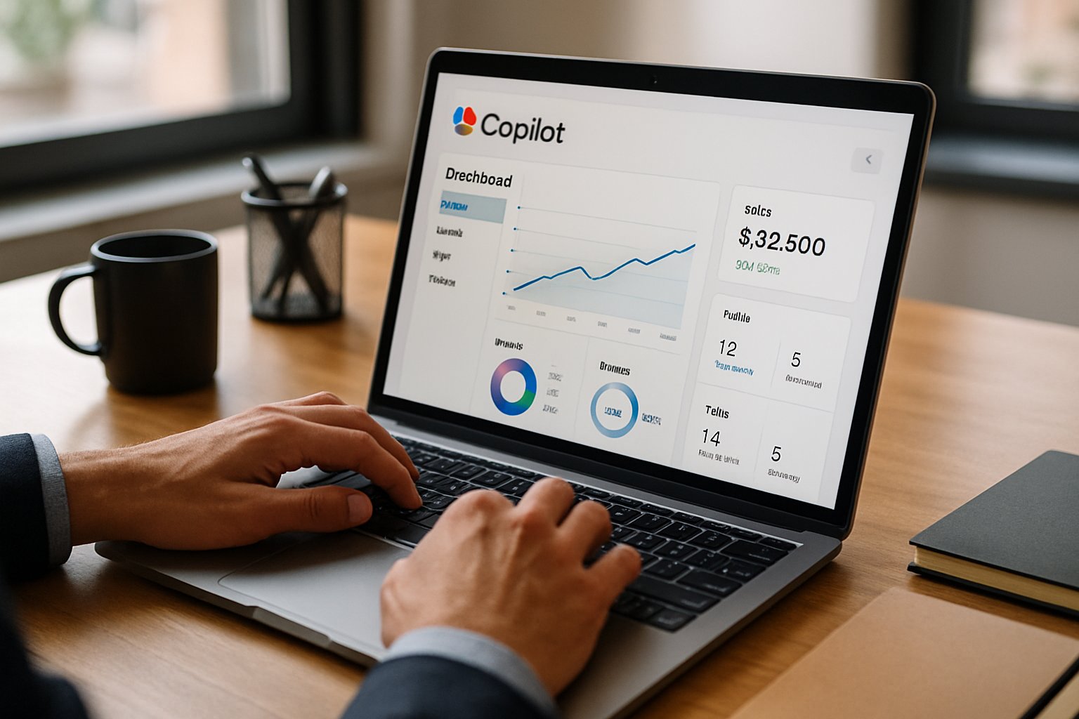 Professional using Copilot dashboard on laptop for increased productivity.