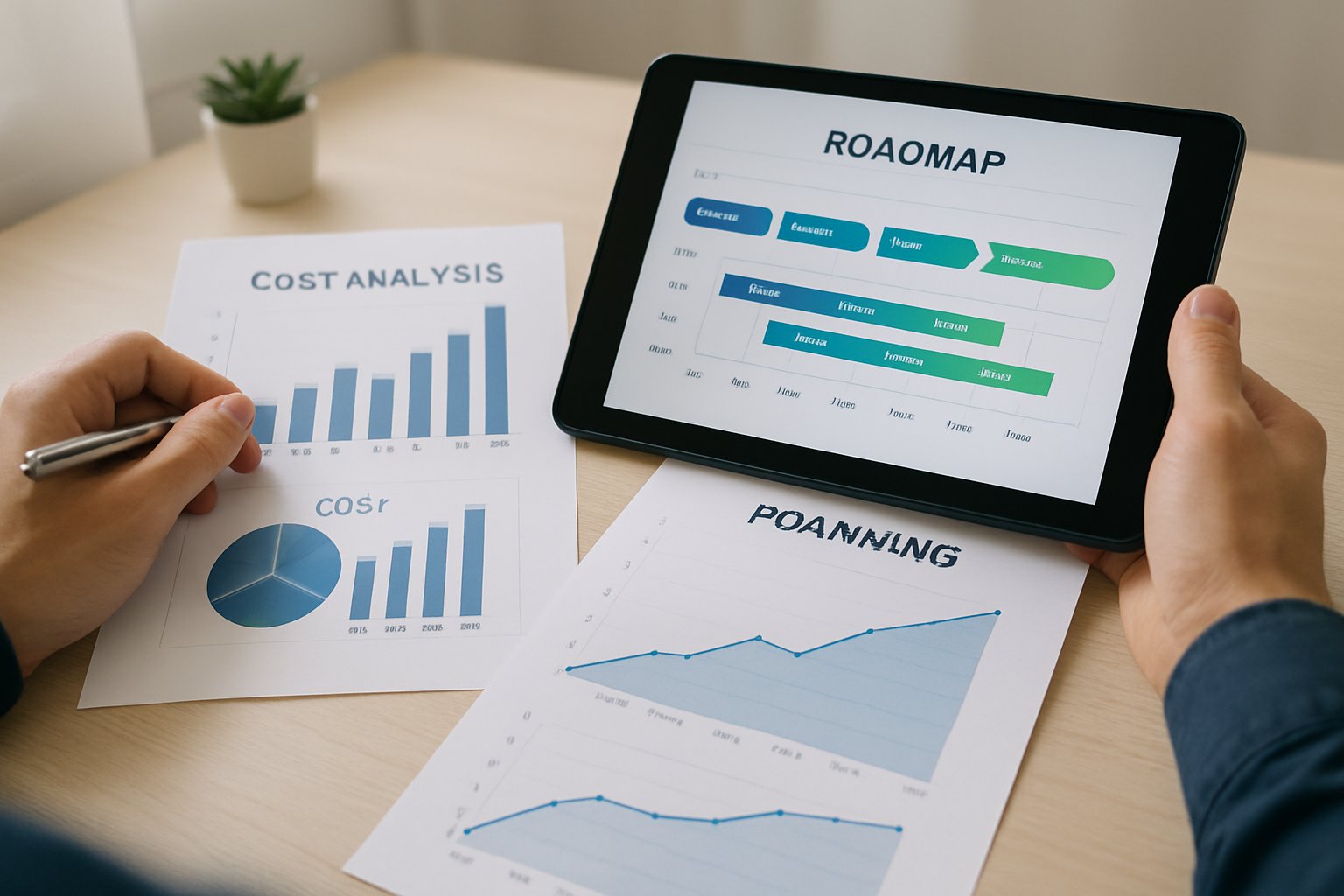 Hands analyzing charts for Workforce Pivot Strategy cost management.